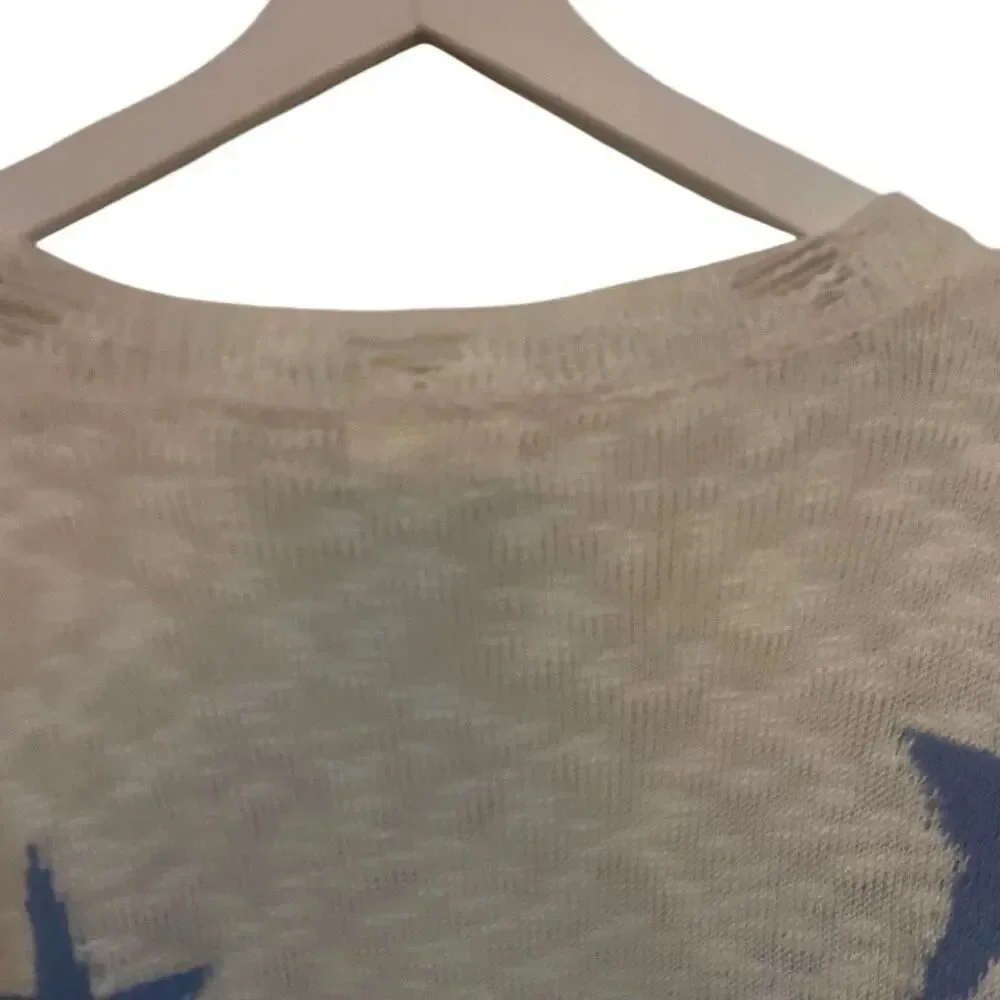 Adora large, long, sleeved, distressed star, cream, blue sweater, V-neck, long s